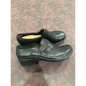 Clarks Collection Black Leather Slip On Loafers Low Block Heel Shoes Women 9.5 M
